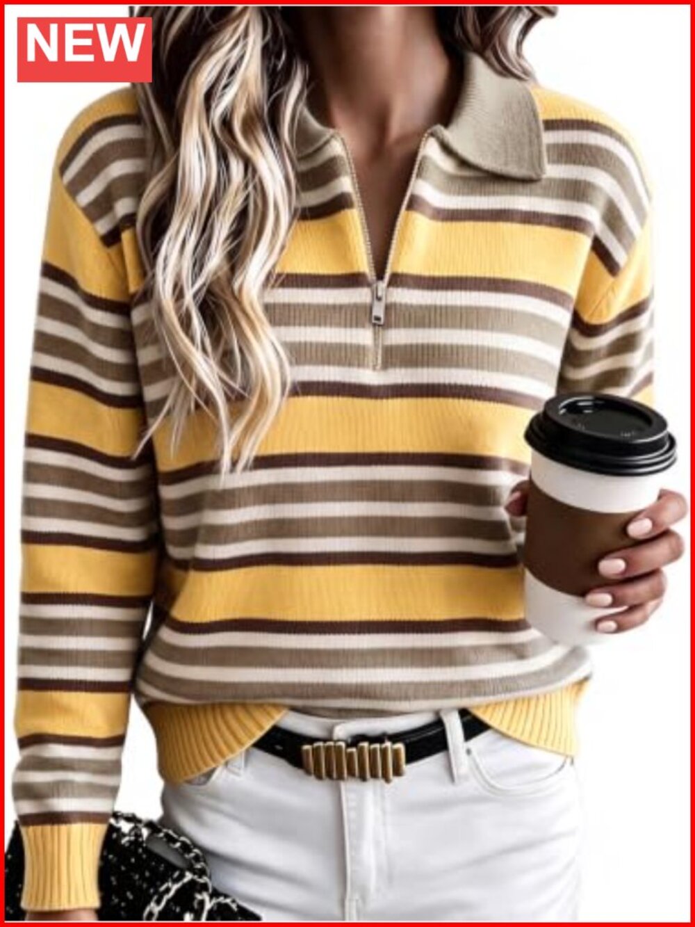 Womens Quarter Zip Striped Sweater Collared Long Sleeve Knit Pullover Top